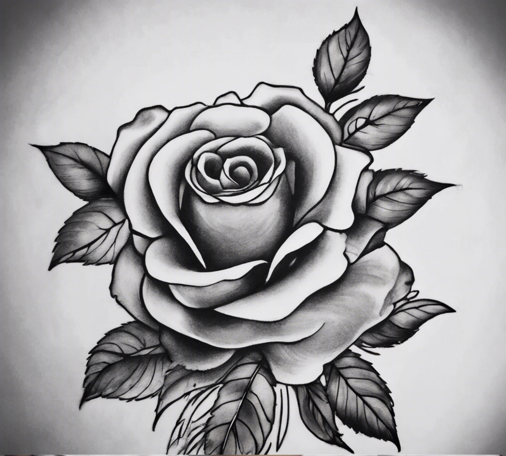 Classic black and gray rose tattoo drawing in full boom