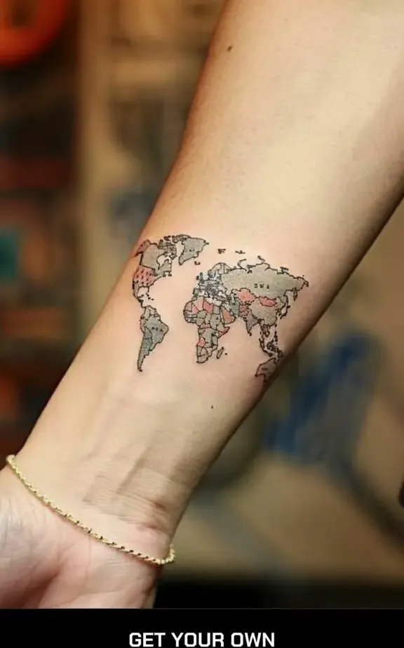 world map wrist tattoo