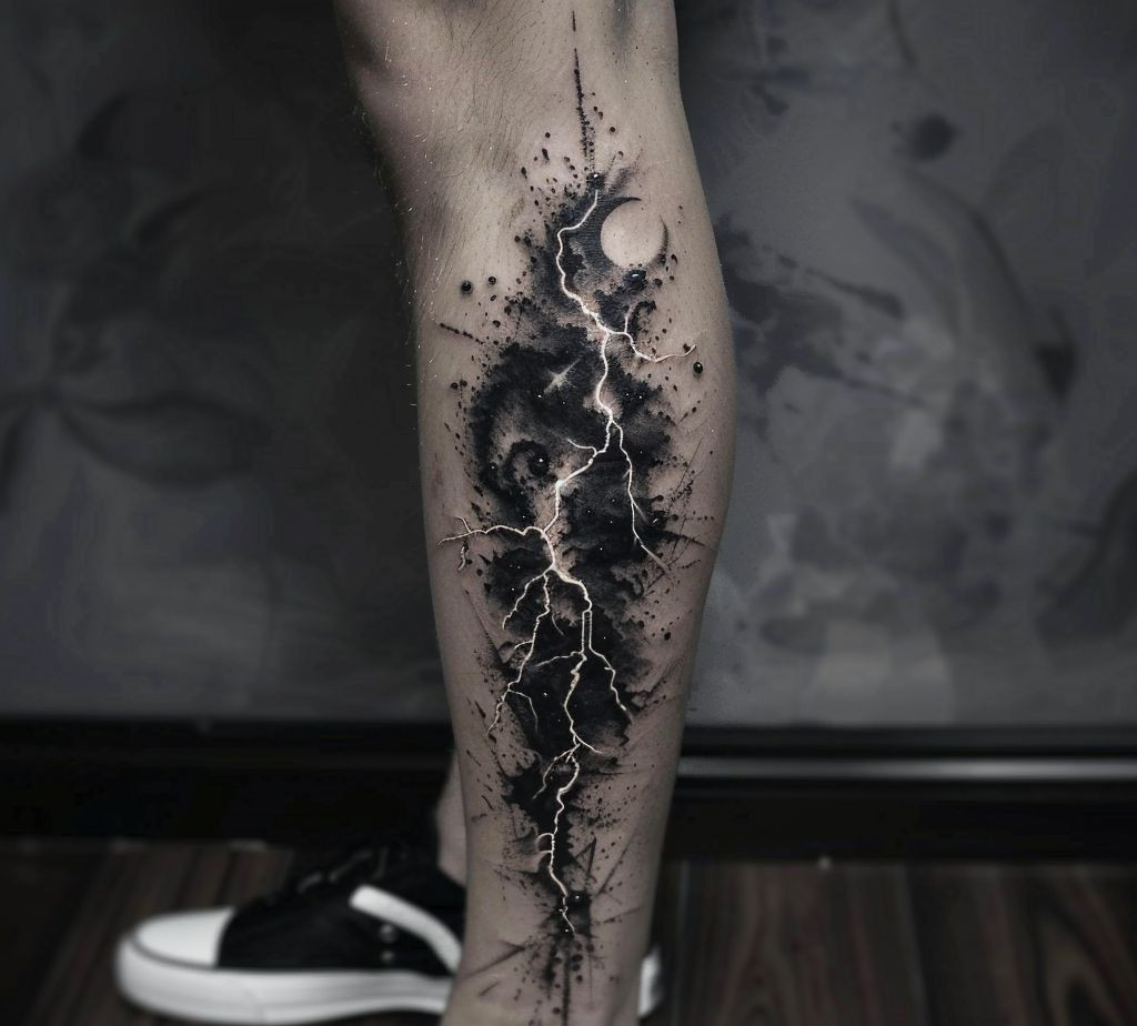 lightning strike tattoo on the leg, for guys
