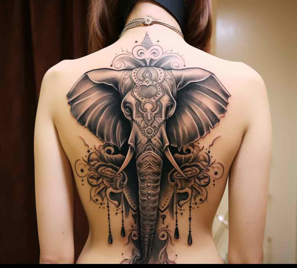 A large balck and grey elephant tattoo on a ladies back