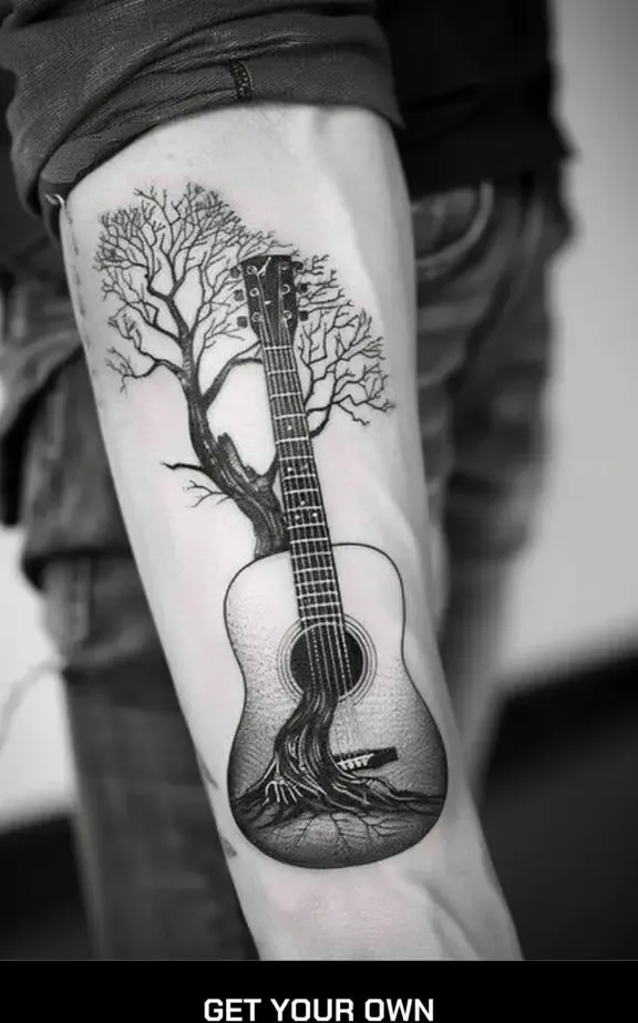 tree growing on guitar tattoo