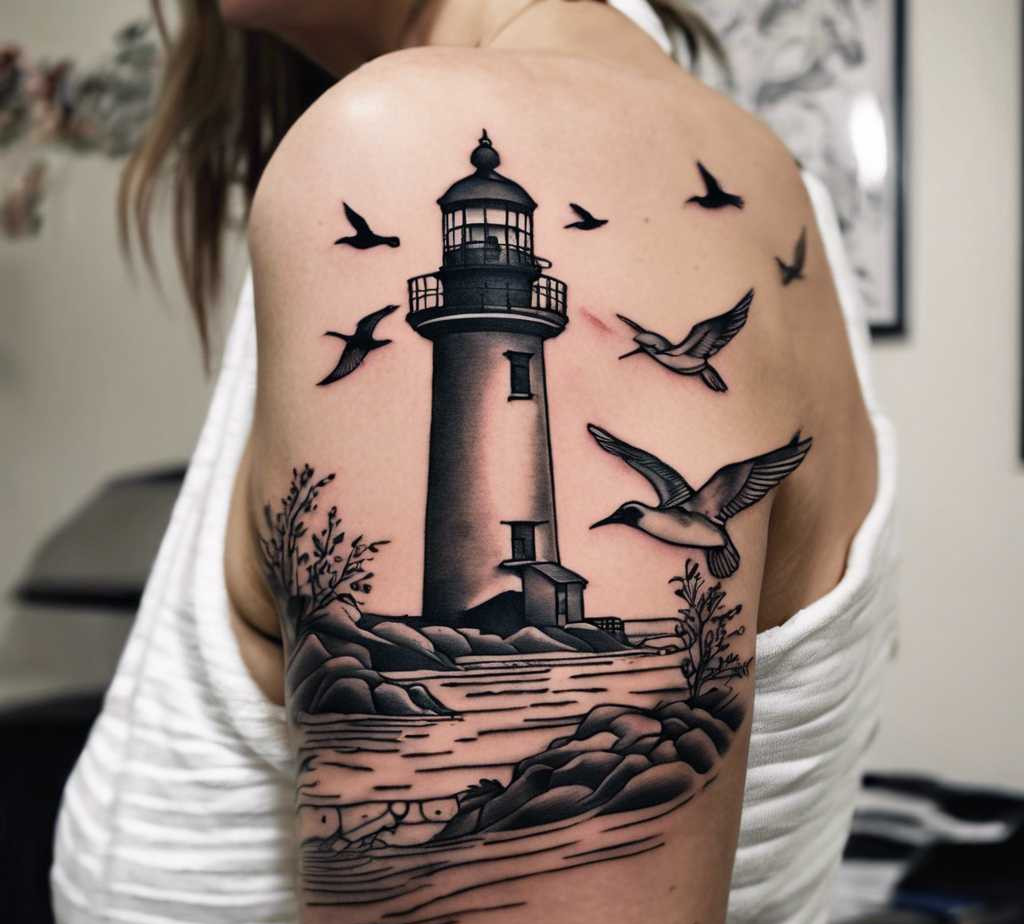 Women's Lighthouse Shoulder Tattoo