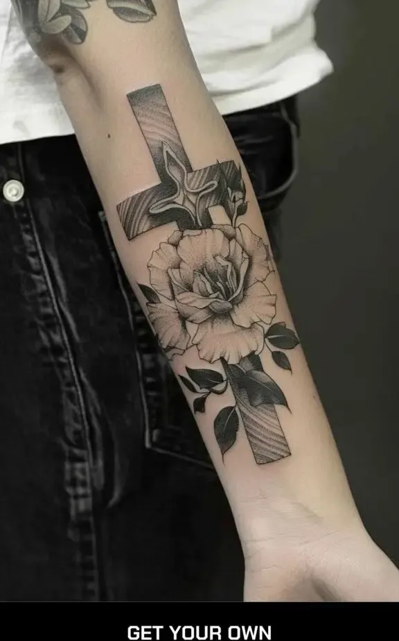 cross and flower forearm tattoo