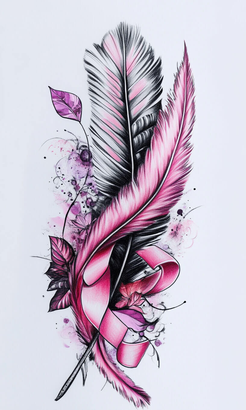 cancer ribbon feather tattoo drawing-10