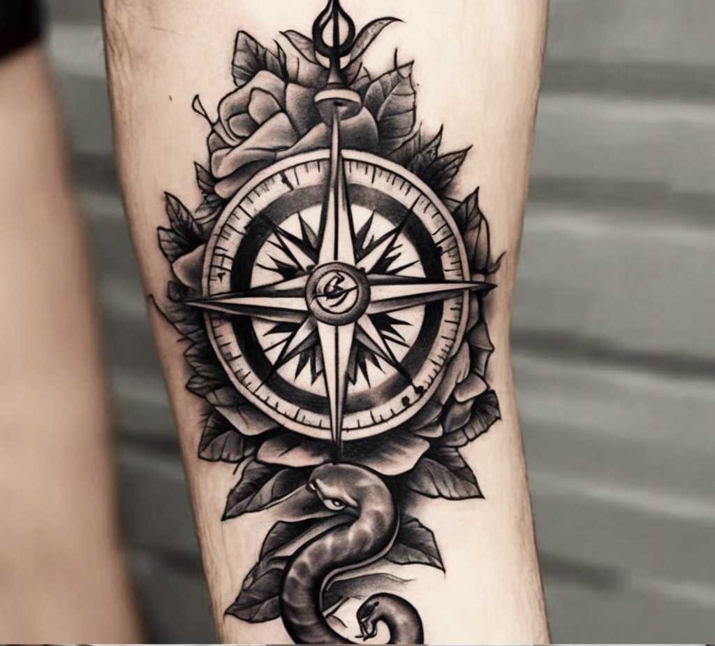 Snake compass tattoo on the forearm