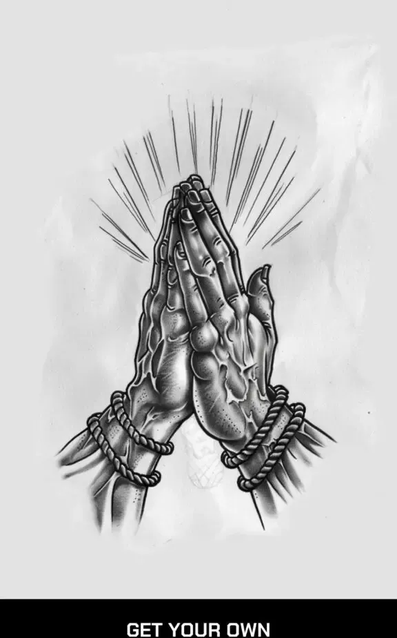 traditional praying hands tattoo with a subtle halo or light emanating from them