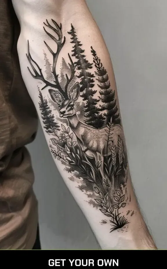 nature and deer black work tattoo 