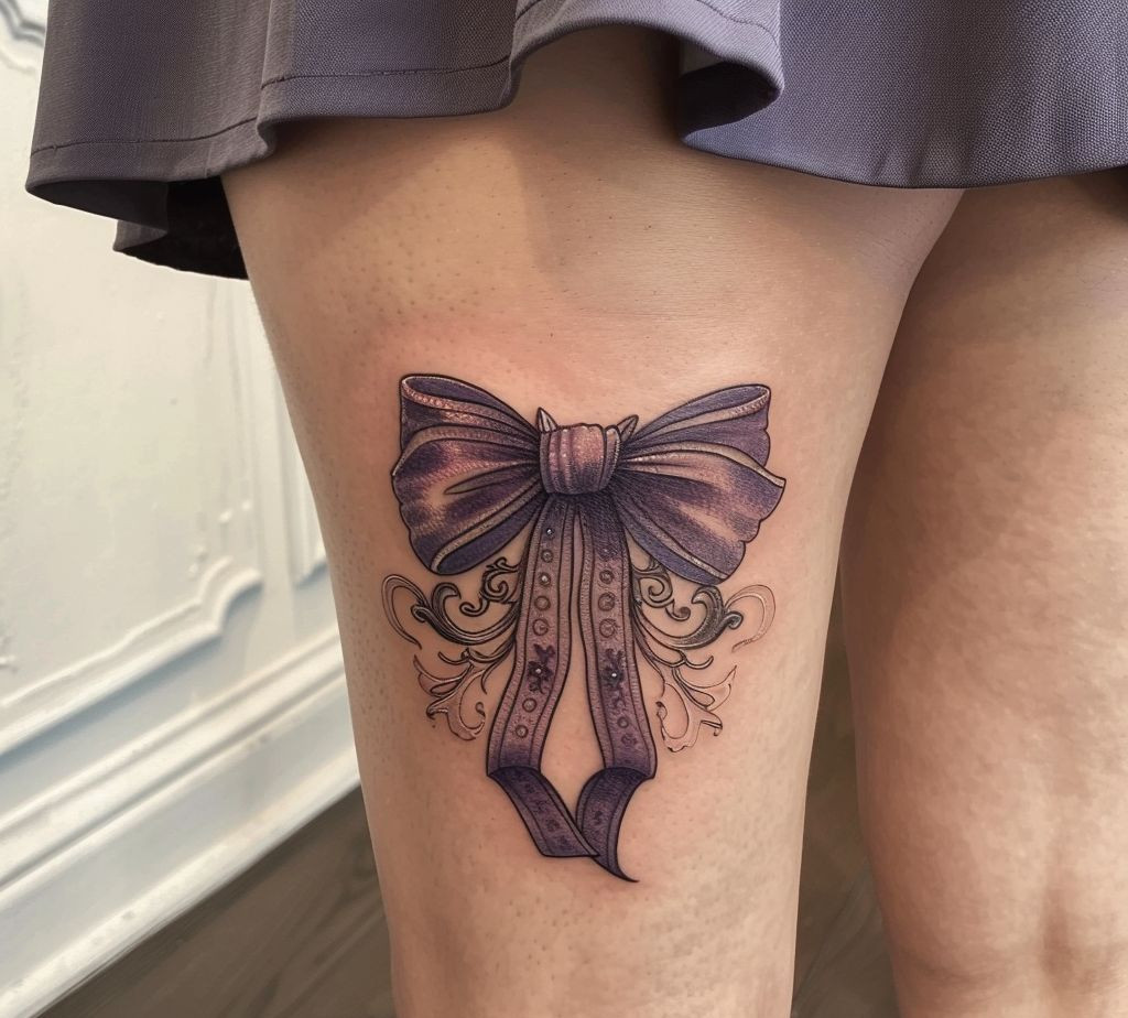 bow tattoo on the leg