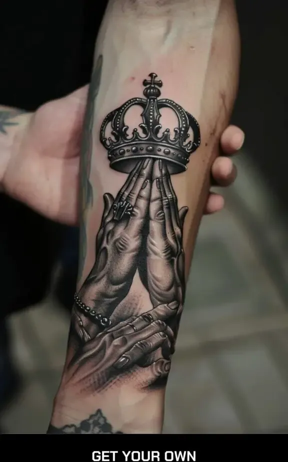 praying hearts with crown tattoo