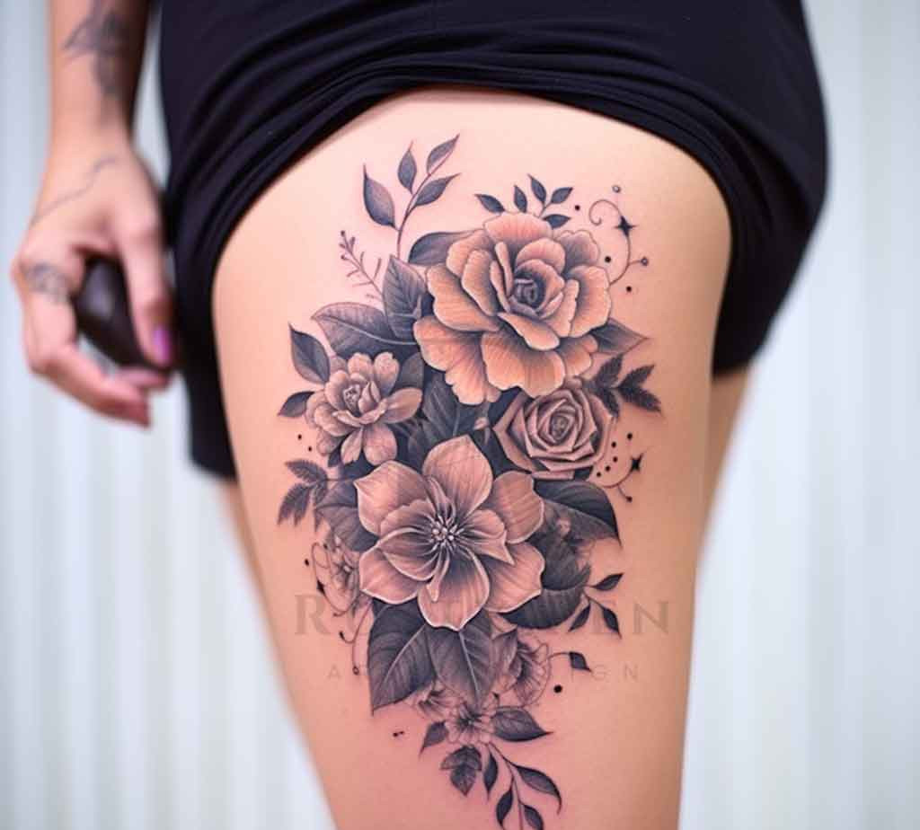 Elegant Rose Thigh Tattoo Ladies