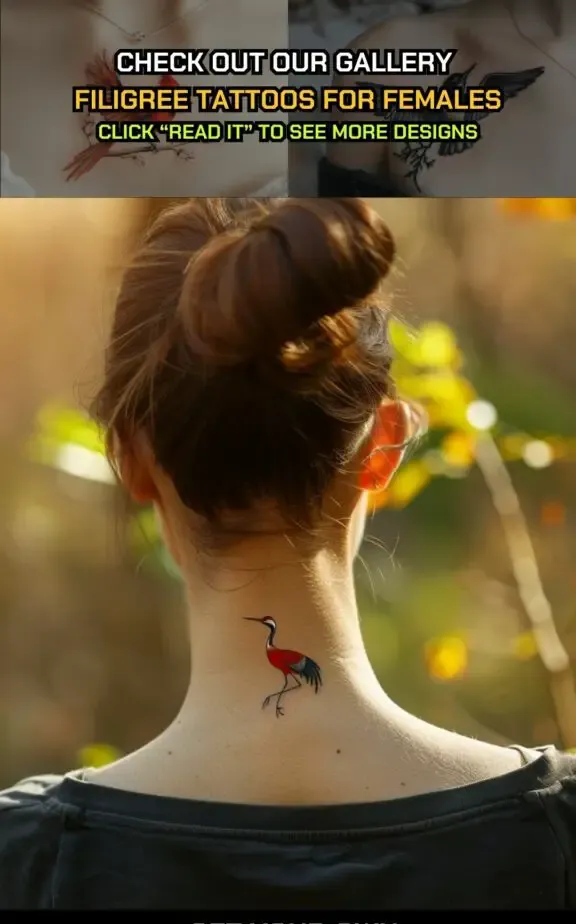 crane bird tattoo on neck female