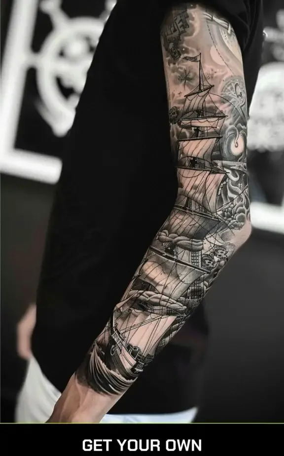 ocean theme sleeve black work tattoo idea