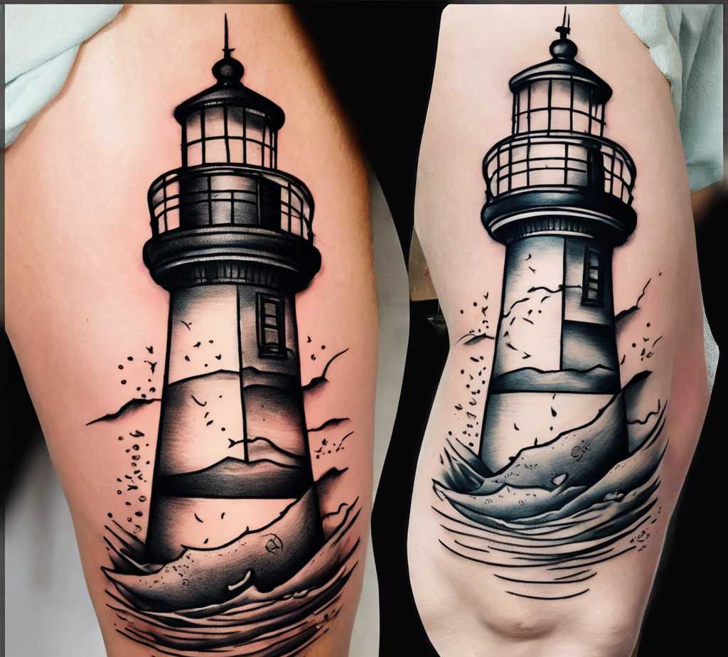 lighthouse tattoo drawing on the thigh