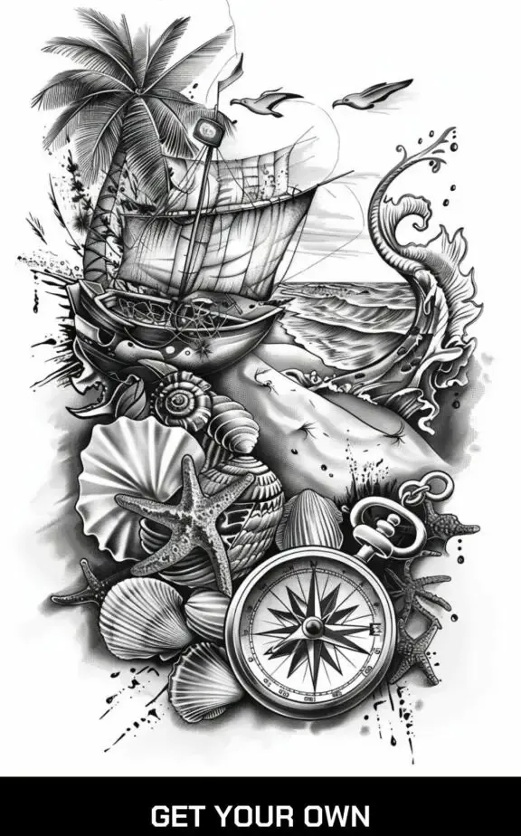 tattoo design for a surfer, vacation ,sea, beach, shells, compass, holiday tattoo design on a white background