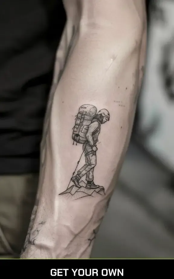 camping tattoo of a man with a bag pack going camping