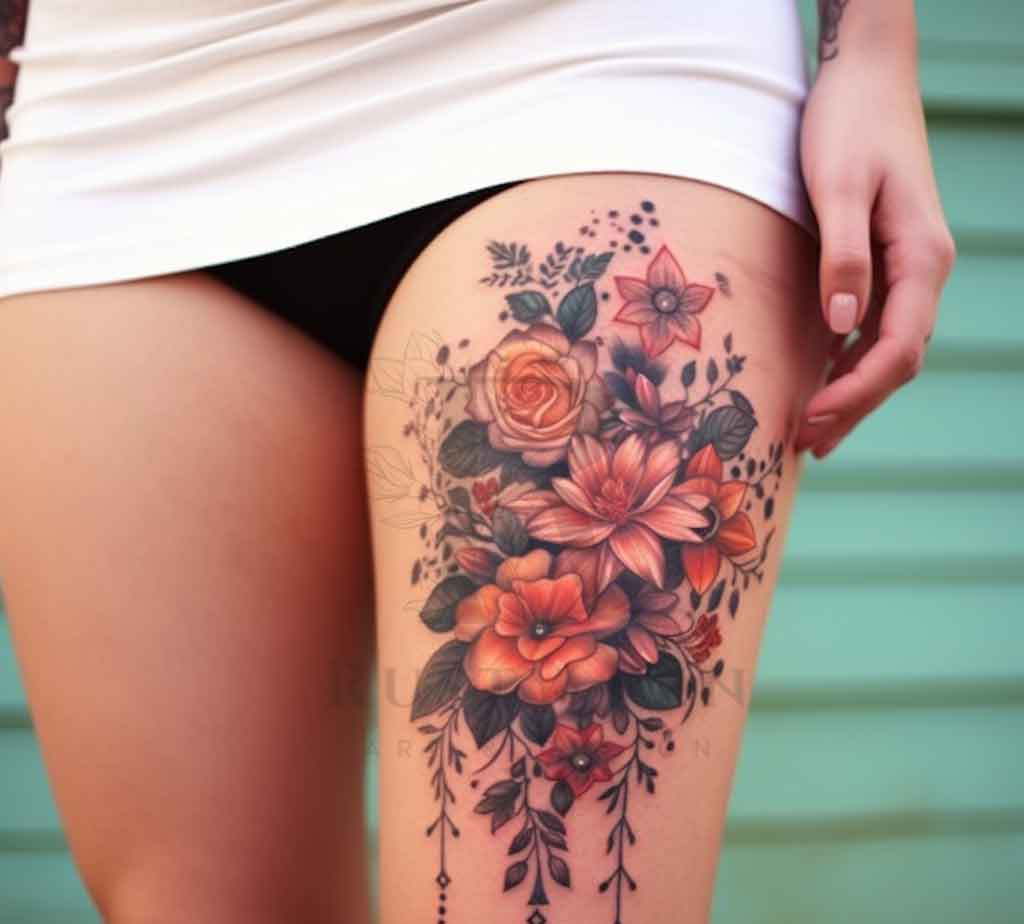 Colourful floral thigh tattoo