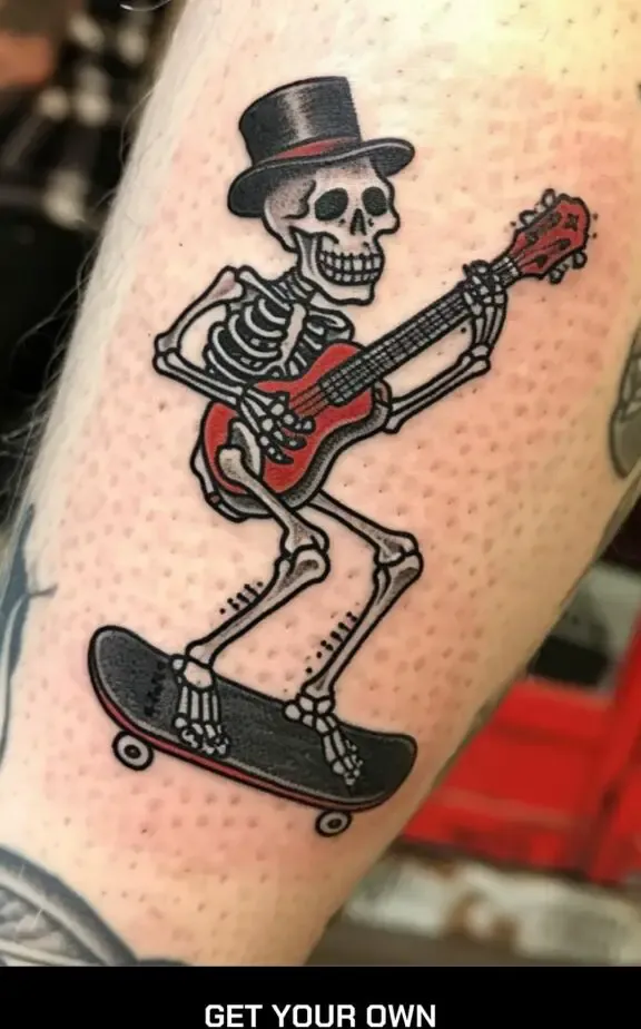 skeleton on skateboard playing guitar tattoo