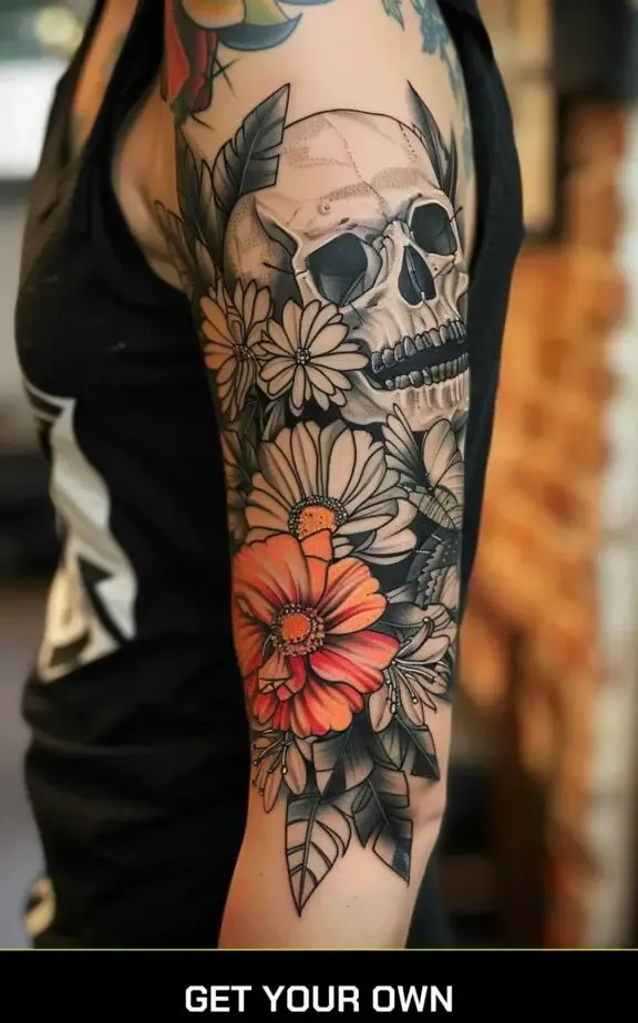 floral skull sleeve tattoo
