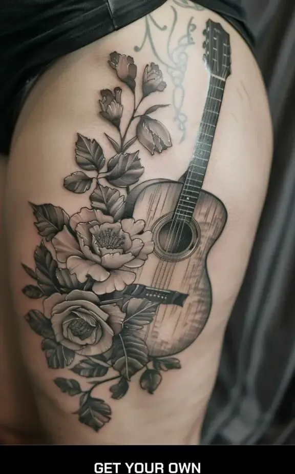 guitar and flower thigh tattoo
