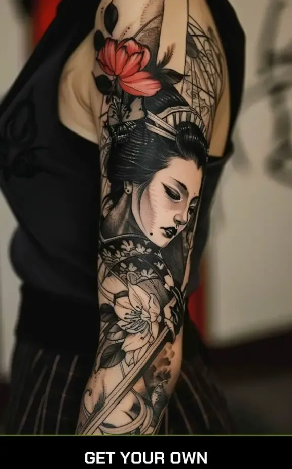 geisha sleeve blackwork tattoo