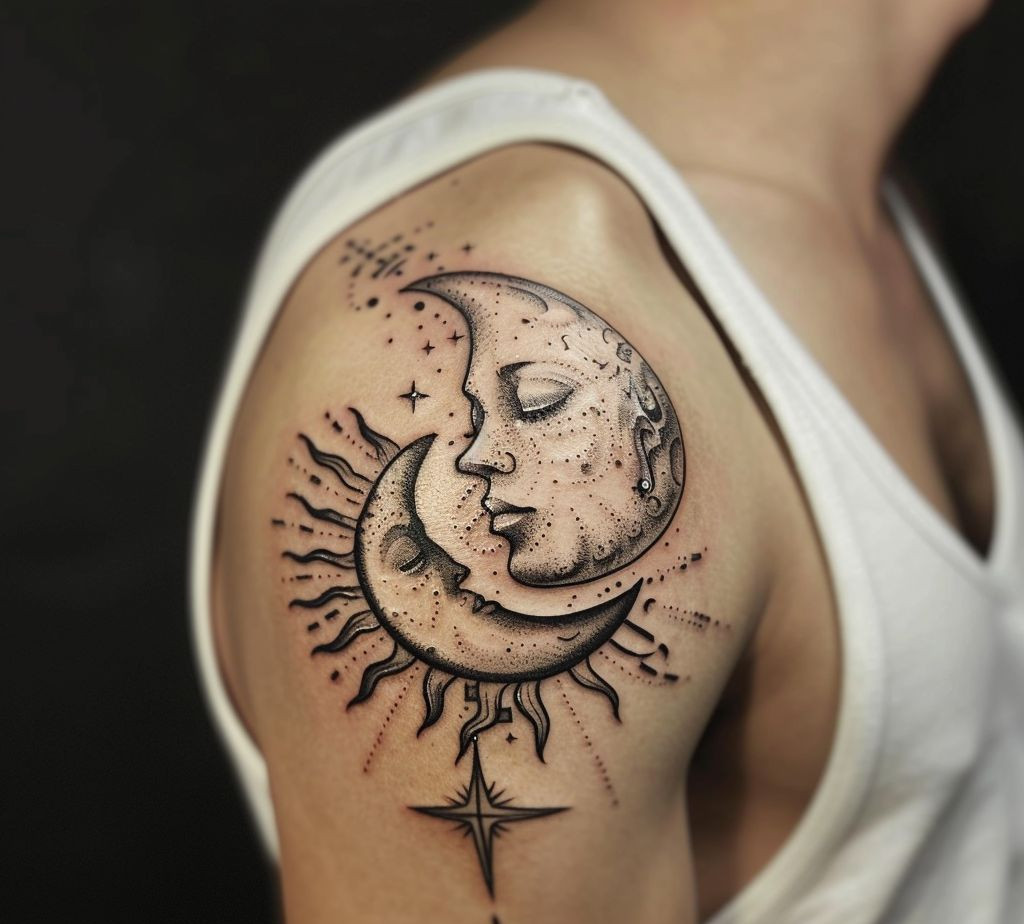 kissing sun tattoo on the arm