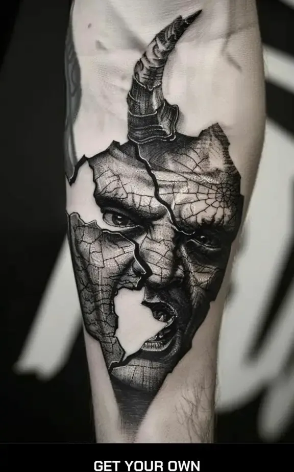 fragmented demon face realistic tattoo 