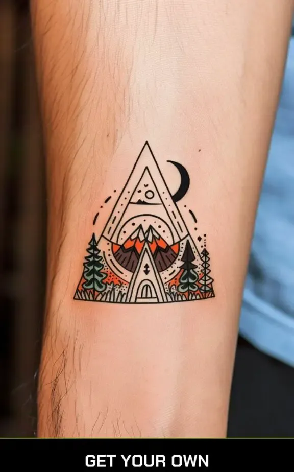 camping tattoo idea: tent and campfire tattoo