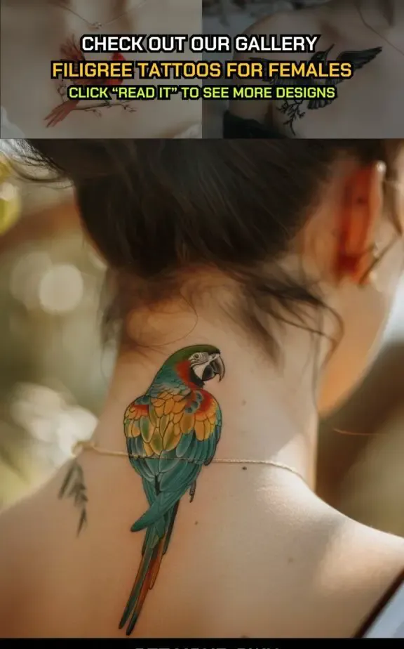 parrot bird tattoo on neck female