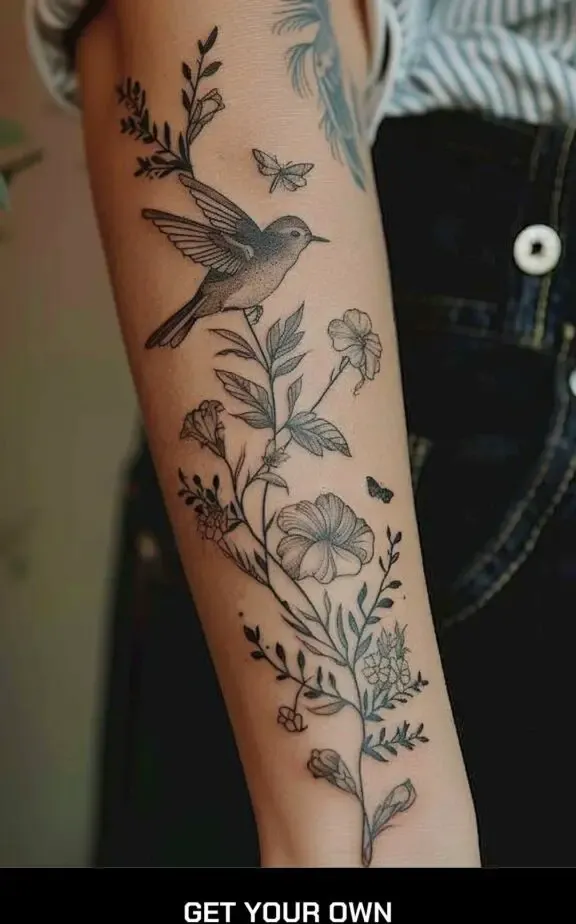 flower and bird forearm tattoo design