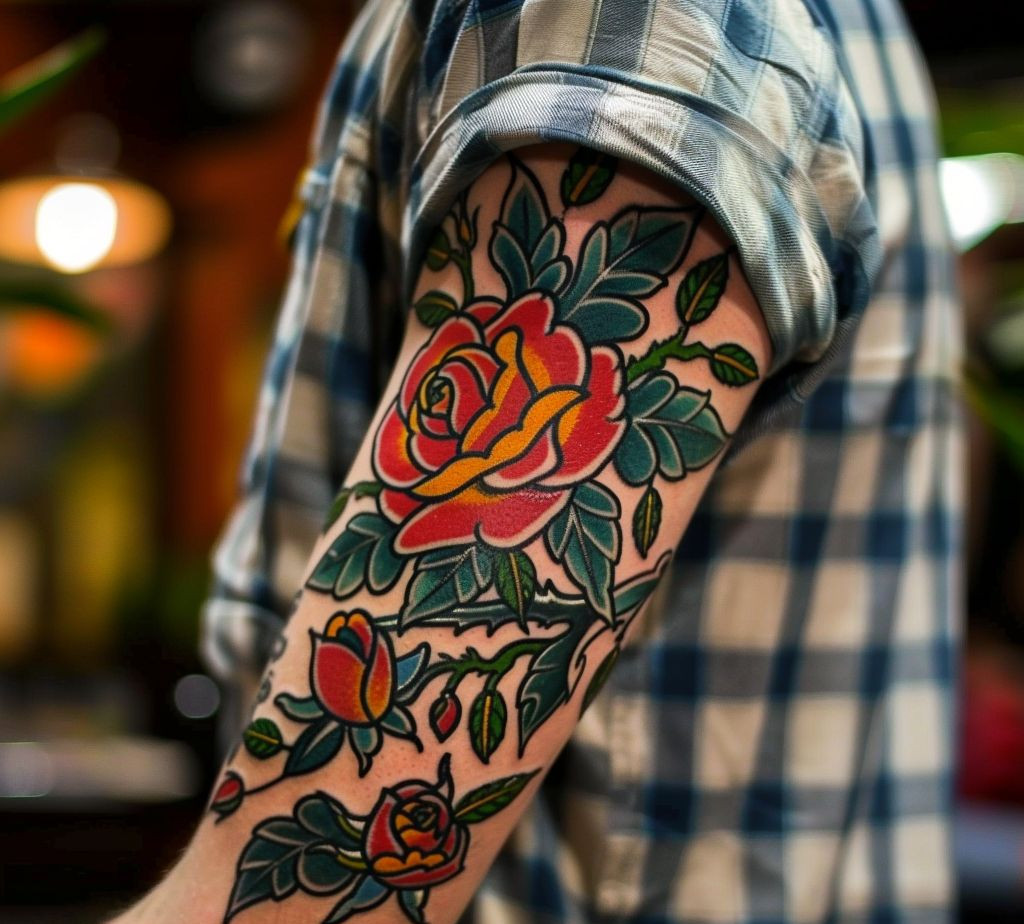traditional full sleeve flower tattoo