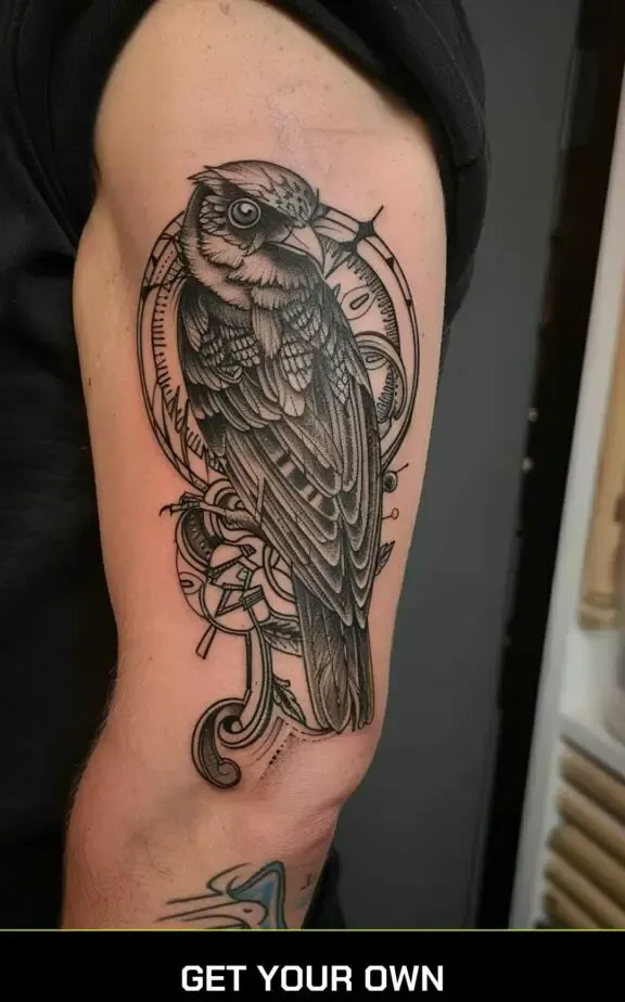 steampunk bird blackwork tattoo