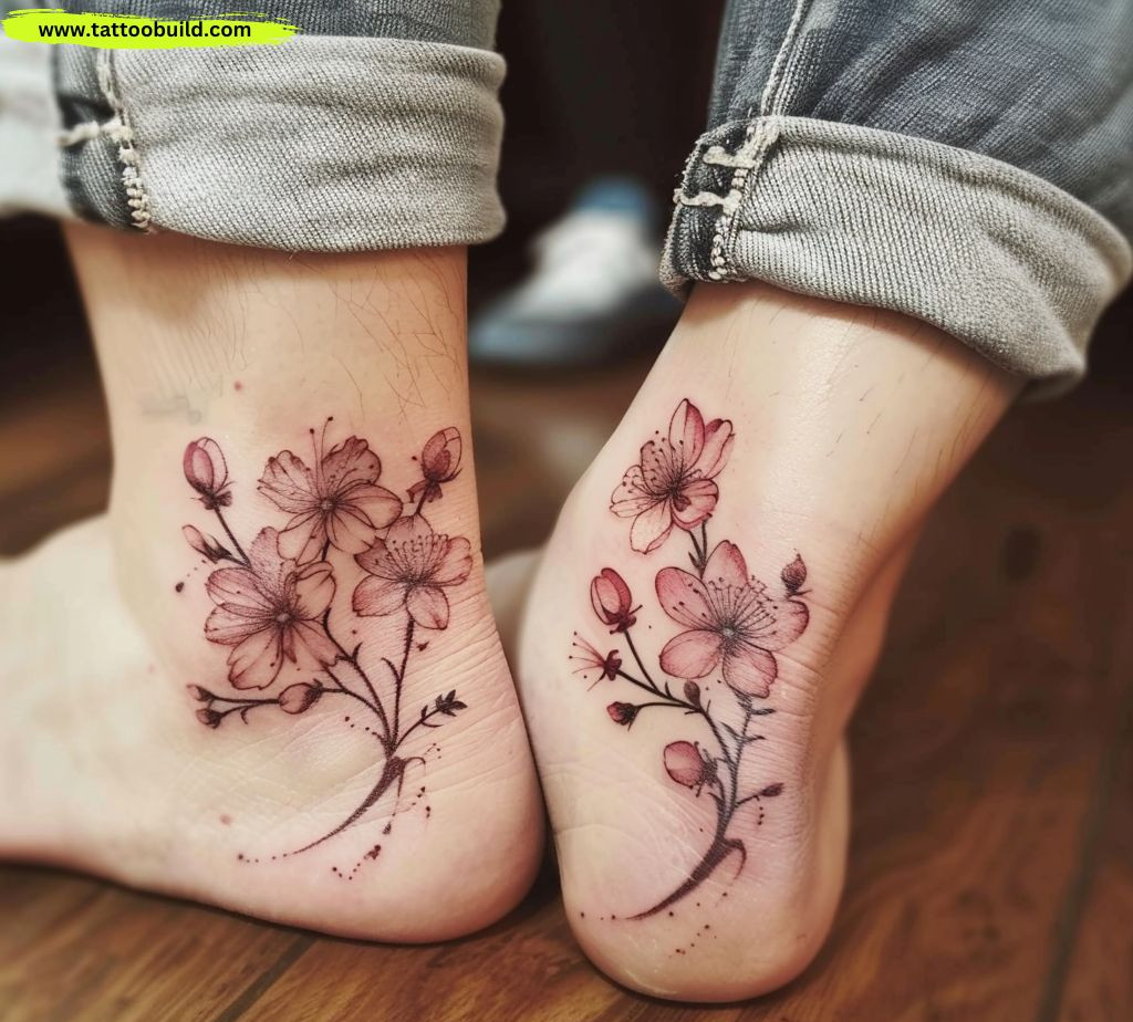matching flower ankle tattoos