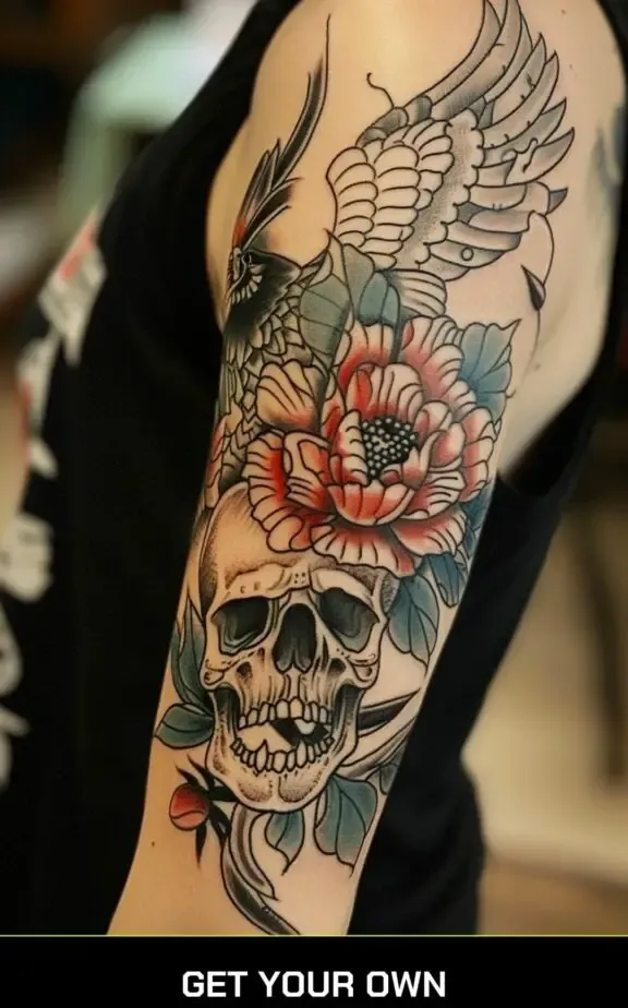 flower skull and sleeve wings tattoo for men