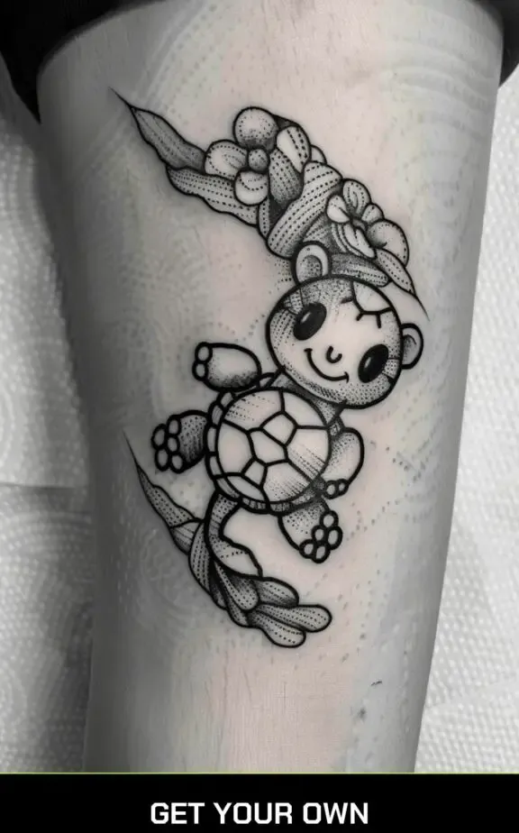 playful tortoise blackwork tattoo design