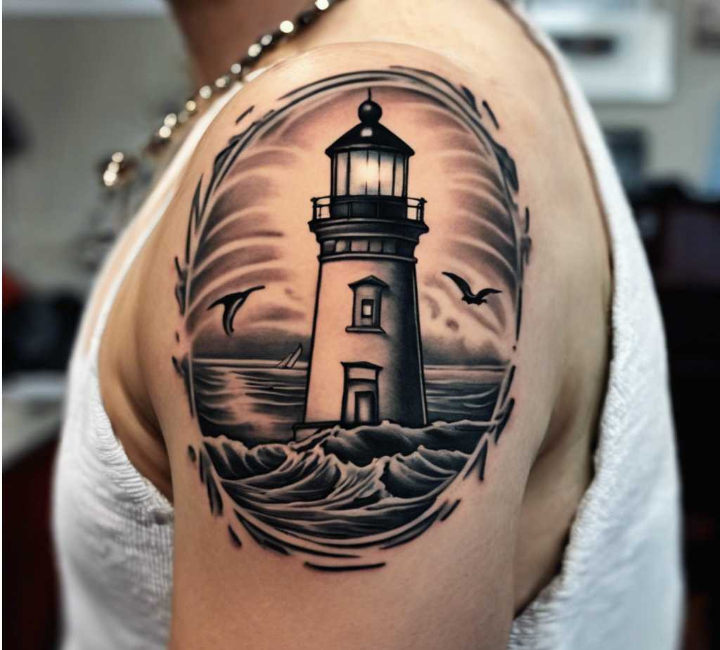beautiful shoulder tattoo of a lighthouse