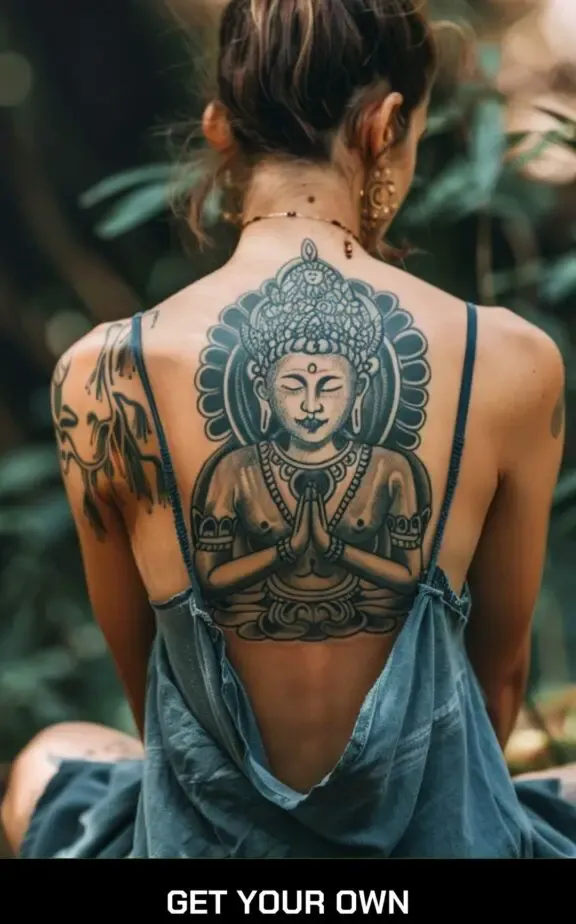 tribal tattoo style buddha back tattoo for women