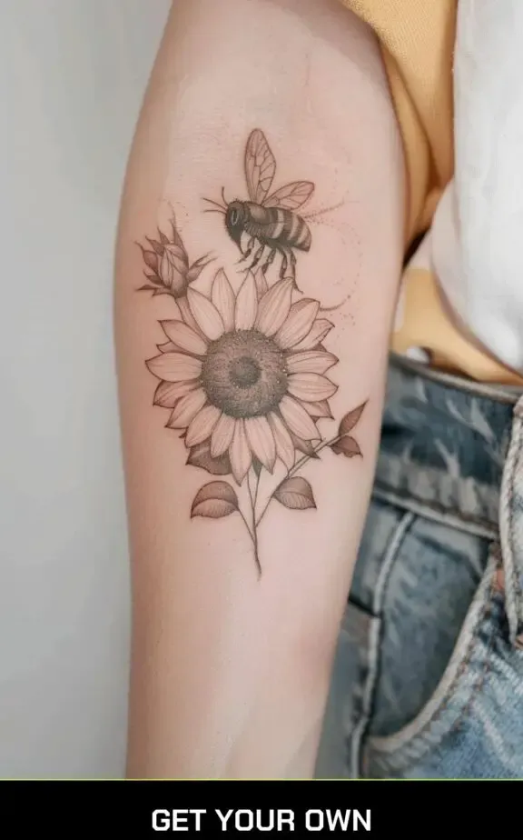 minimalist bee and sunflower tattoo idea