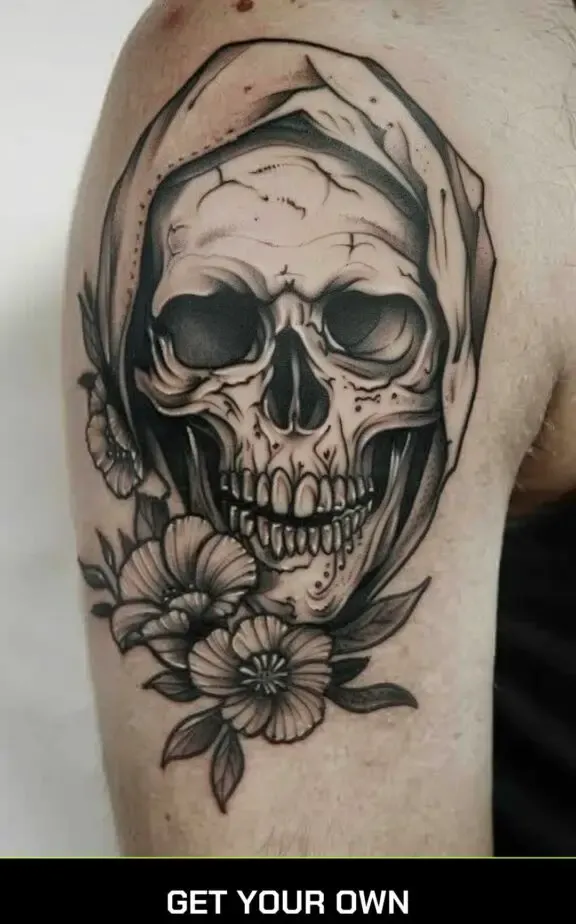 skull and flower blackwork tattoo idea