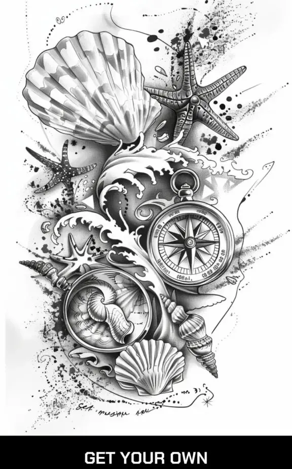 tattoo design for a surfer, vacation ,sea, beach, shells, compass, holiday tattoo design on a white background