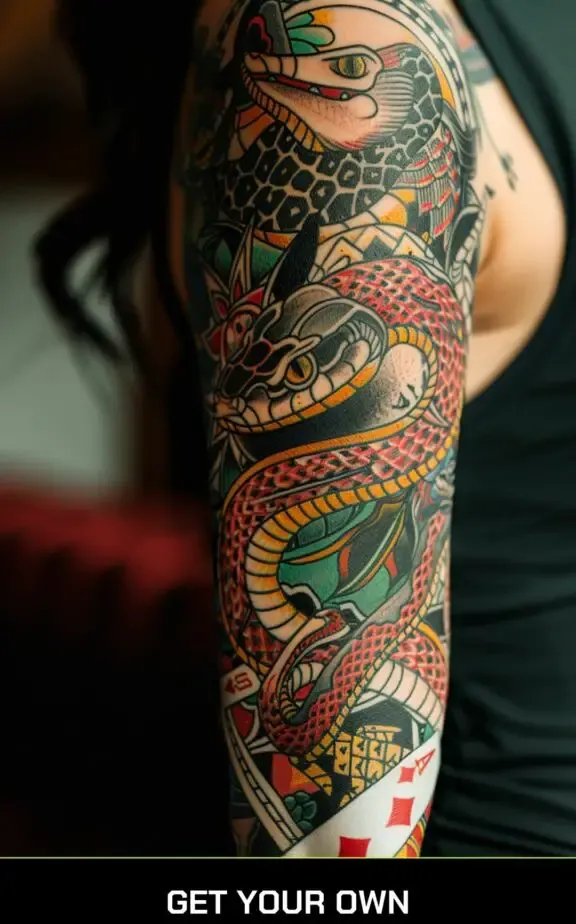 snake and poker card sleeve tattoo idea