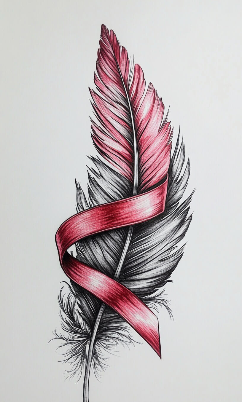 cancer ribbon feather tattoo drawing-5