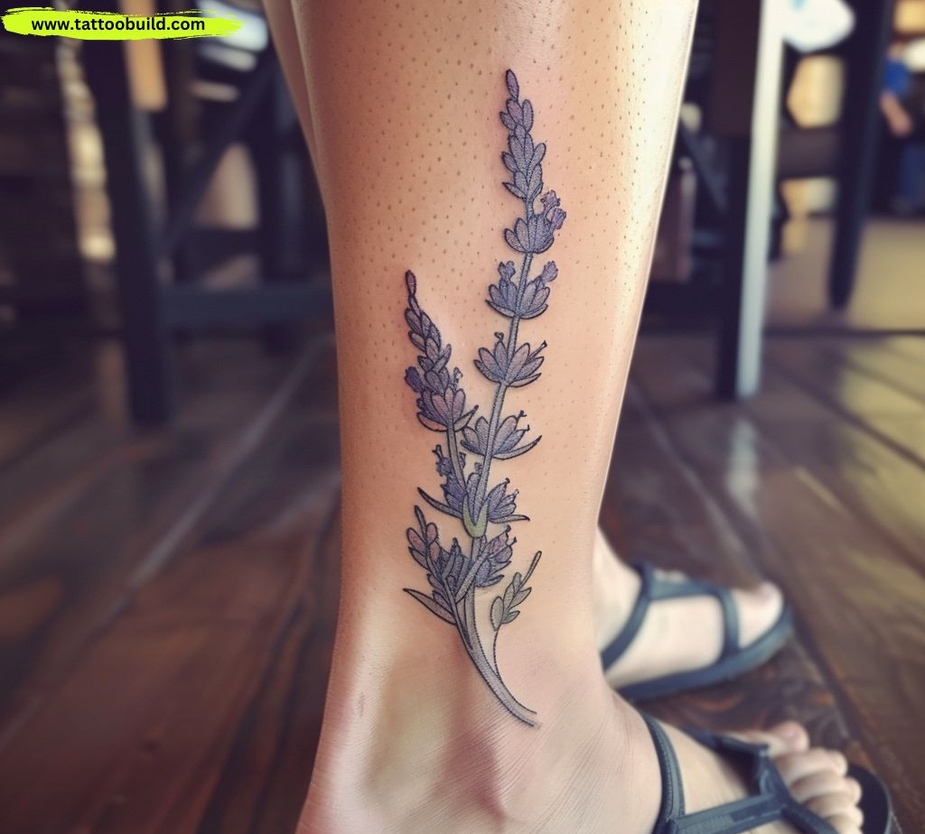 lavender flower ankle tattoo