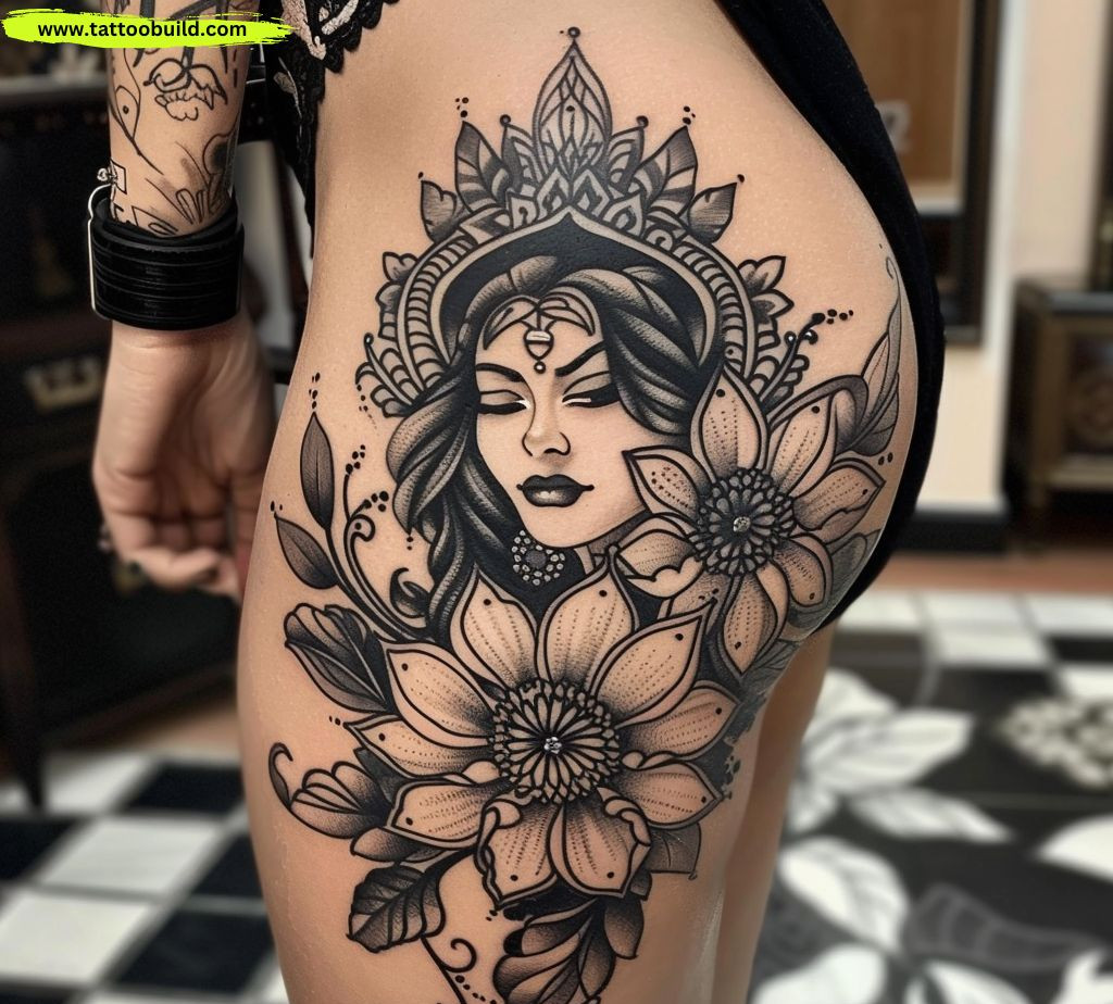 black work design hip tattoo for women