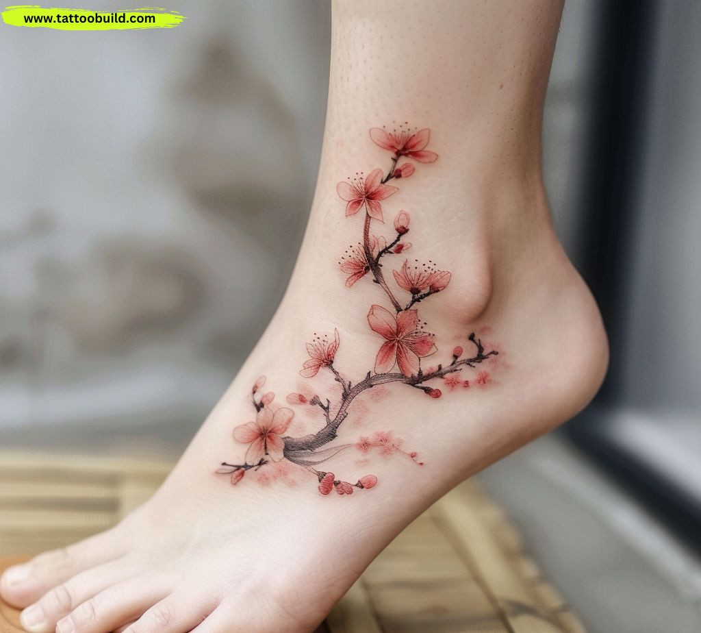 cherry blossoms flower ankle tattoo