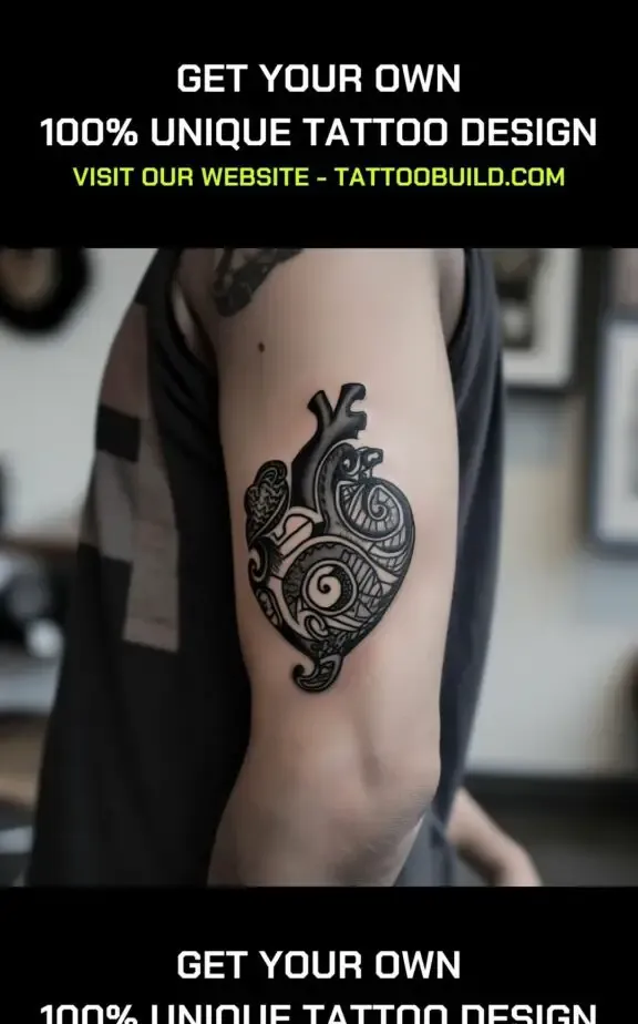 black work aztec tattoo design in form of a heart 