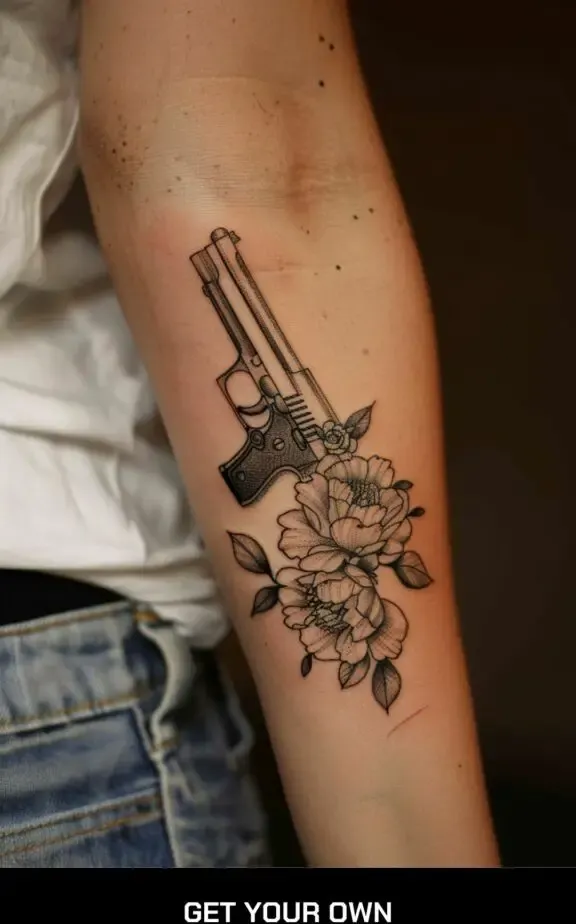 gun and flower tattoo