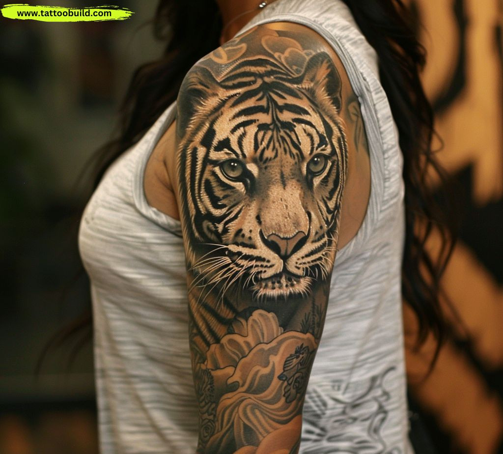 tiger realistic sleeve tattoos for women