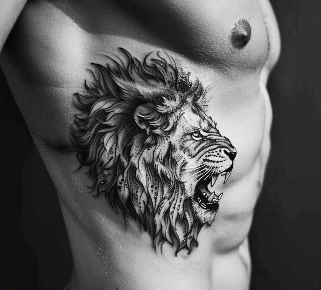 lion head male side body tattoo