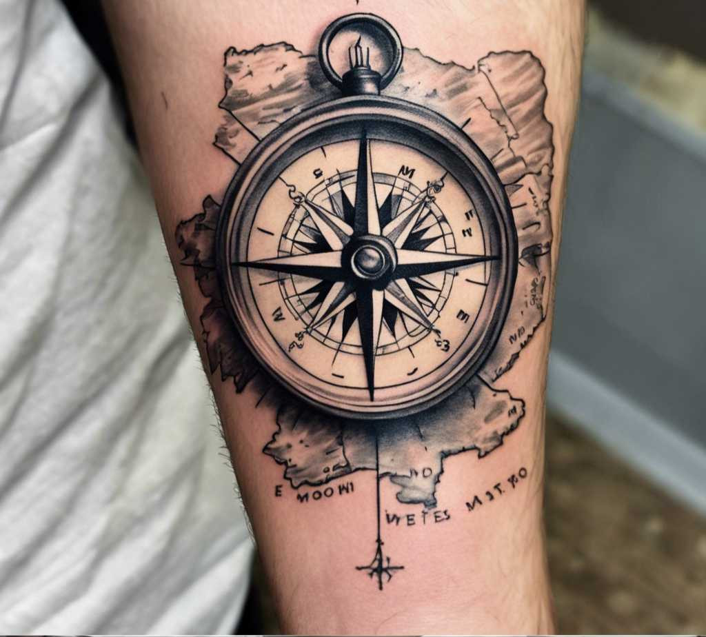 compass forearm tattoo with map