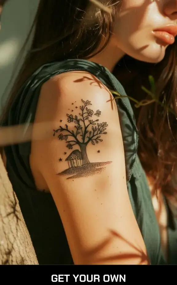 small beautiful tattoo idea for ladies: tree house tattoo
